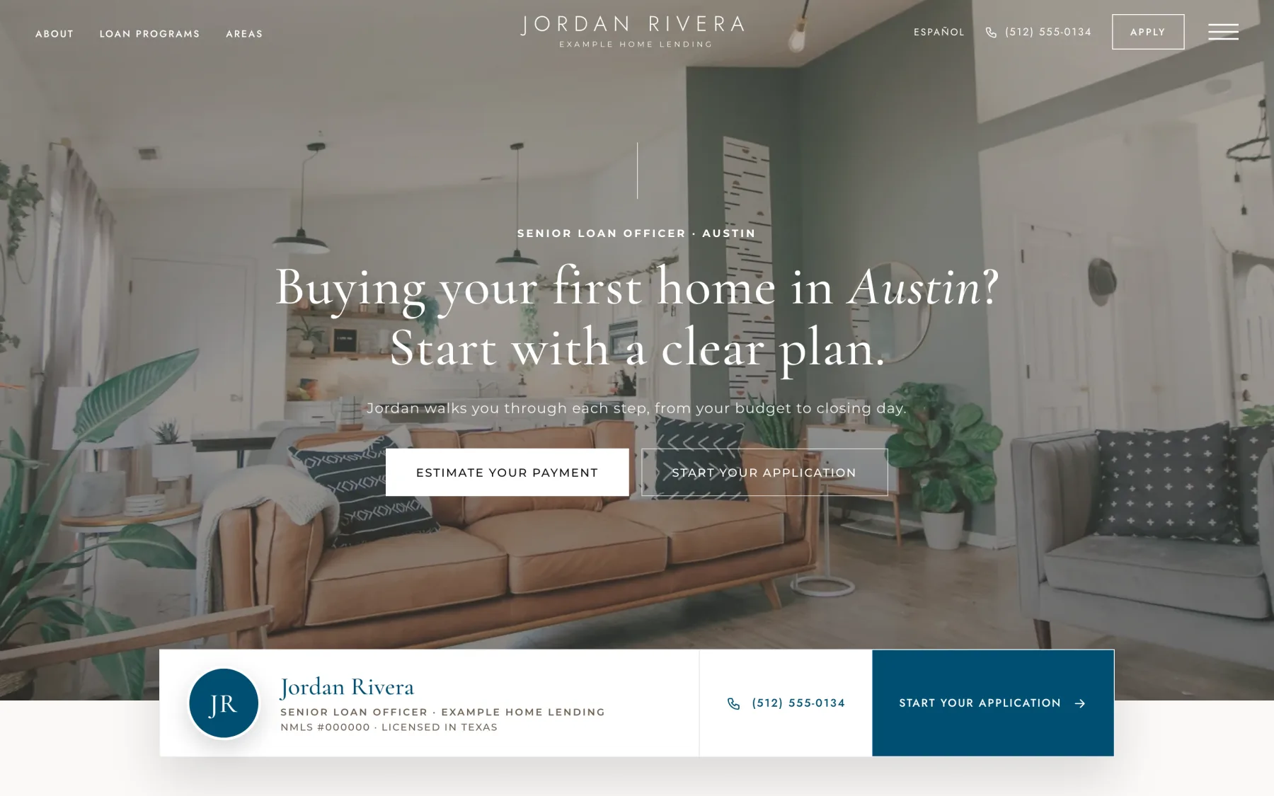A loan officer website built on the Classic template for a fictional loan officer, Jordan Rivera