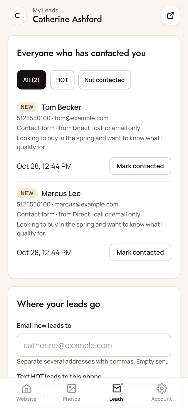 The dashboard on a phone, showing a new lead with a Mark contacted button